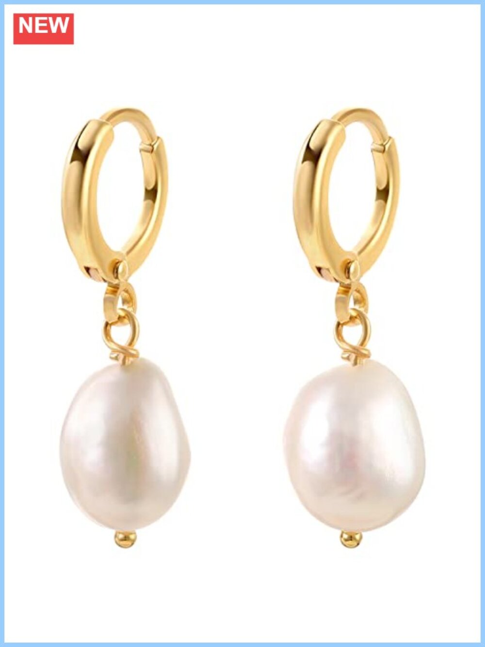 14k Gold Small Hoop Earrings Simulated Baroque Pearl Drop Dangle Women
